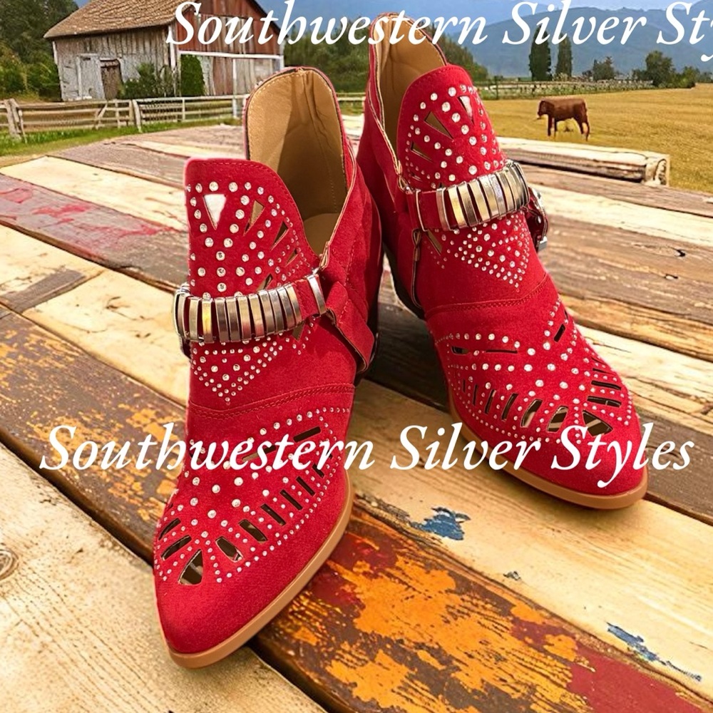 NEW Vegan Red Suede Leather Silver Chain Rhinestone Womens Size 43/10 Shoe Boots
